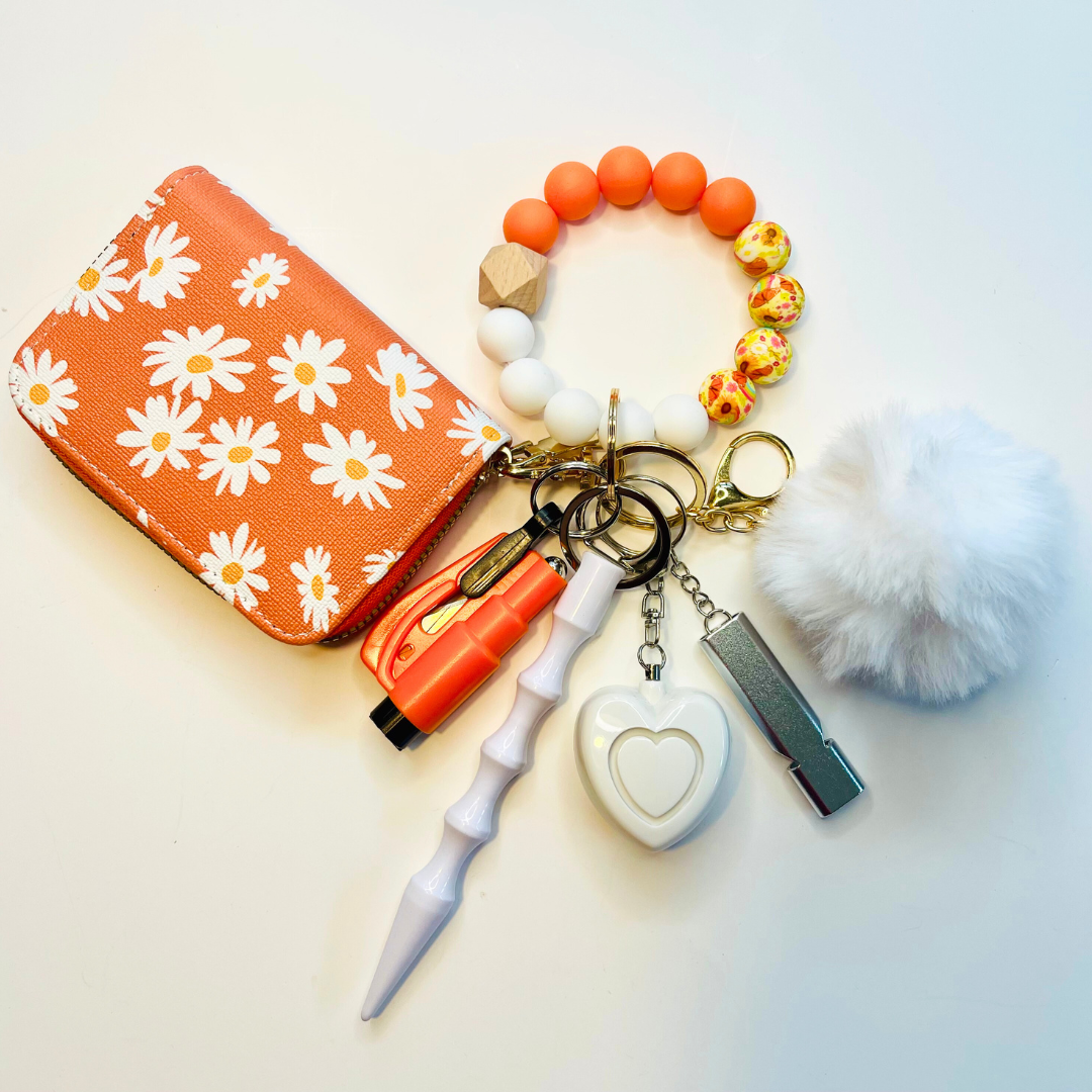 Orange and White Daisy Wristlet with Card Wallet Safety Keychain