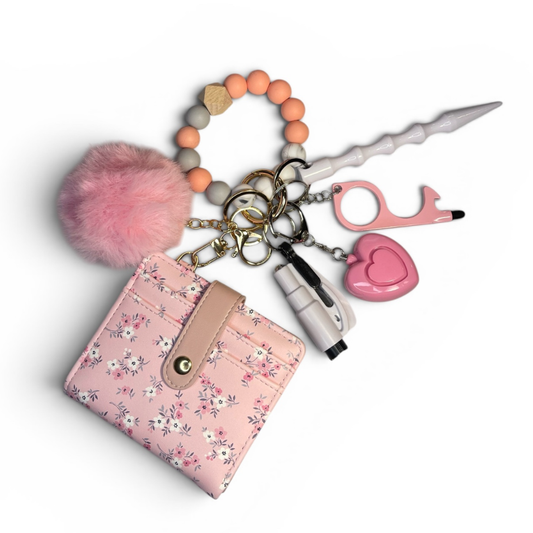 Pink Meadow Beaded Wristlet with Card Wallet Safety Keychain