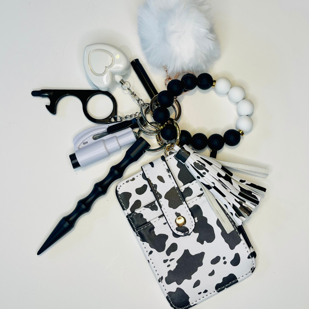 Cow Print Beaded Wristlet with Card Wallet Safety Keychain