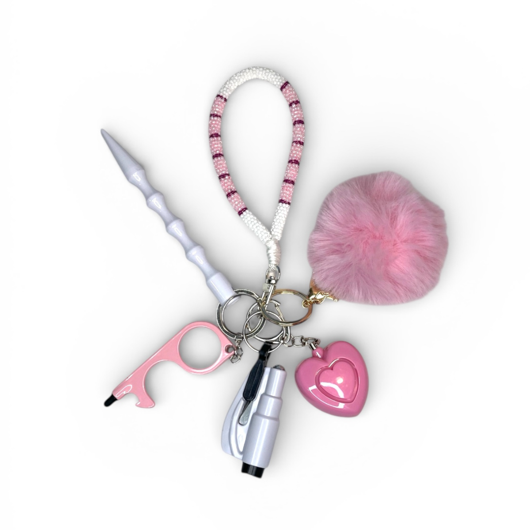 Pink & White Beaded Wristlet Safety Keychain