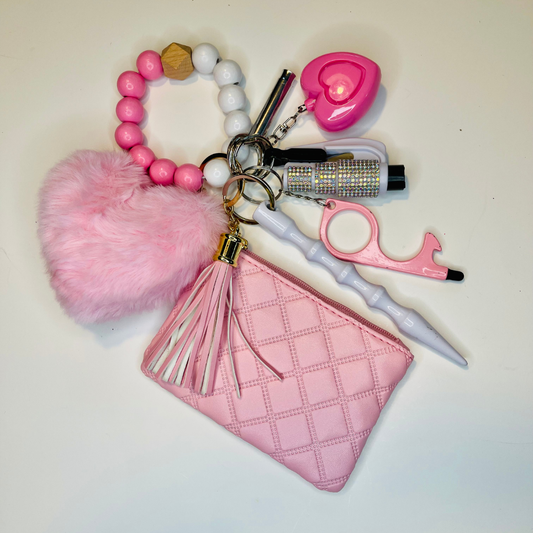 Pretty in Pink Beaded Wristlet with Coin Wallet Safety Keychain