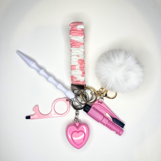 Pink and White Cow Print Scrunchie Wristlet Safety Keychain