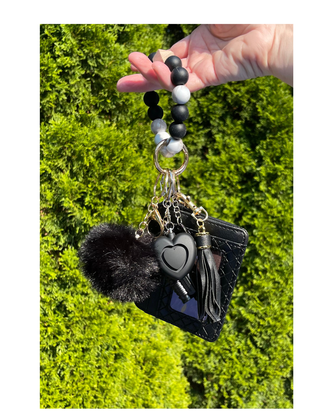 Onyx Loop Beaded Wristlet With Card Wallet Safety Keychain