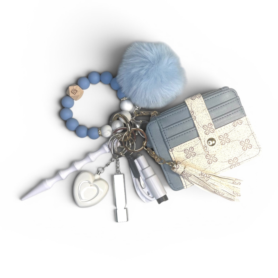 Soft Blue Floral Beaded Wristlet with Card Wallet Safety Keychain