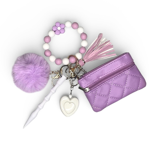 Lavender Flower Beaded Wristlet with Coin Wallet Mini Safety Keychain