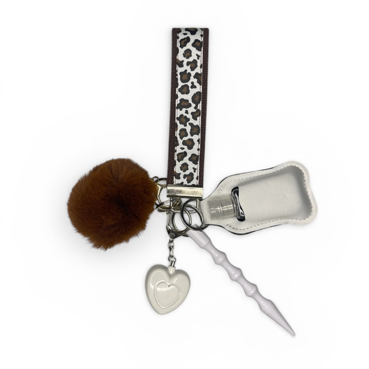 Brown and White Cow Print Wristlet Strap Mini Safety Keychain