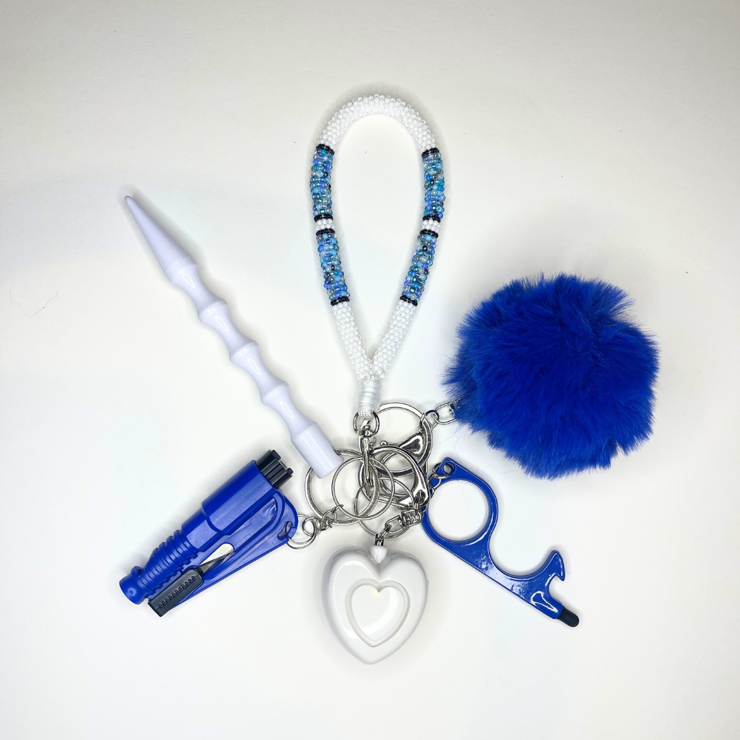 Blue & White Beaded Wristlet Safety Keychain