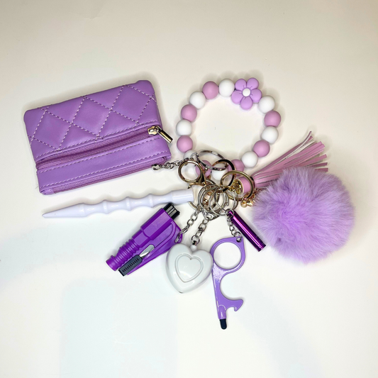 Lavender Flower Beaded Wristlet with Coin Wallet Safety Keychain