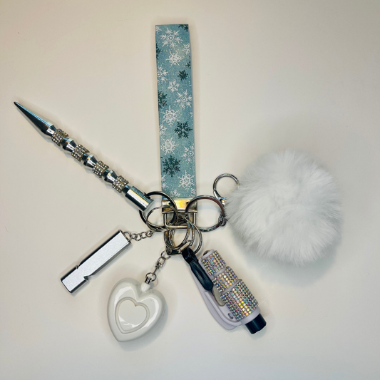 Sparkly Ice Blue Snowflake Wristlet Safety Keychain