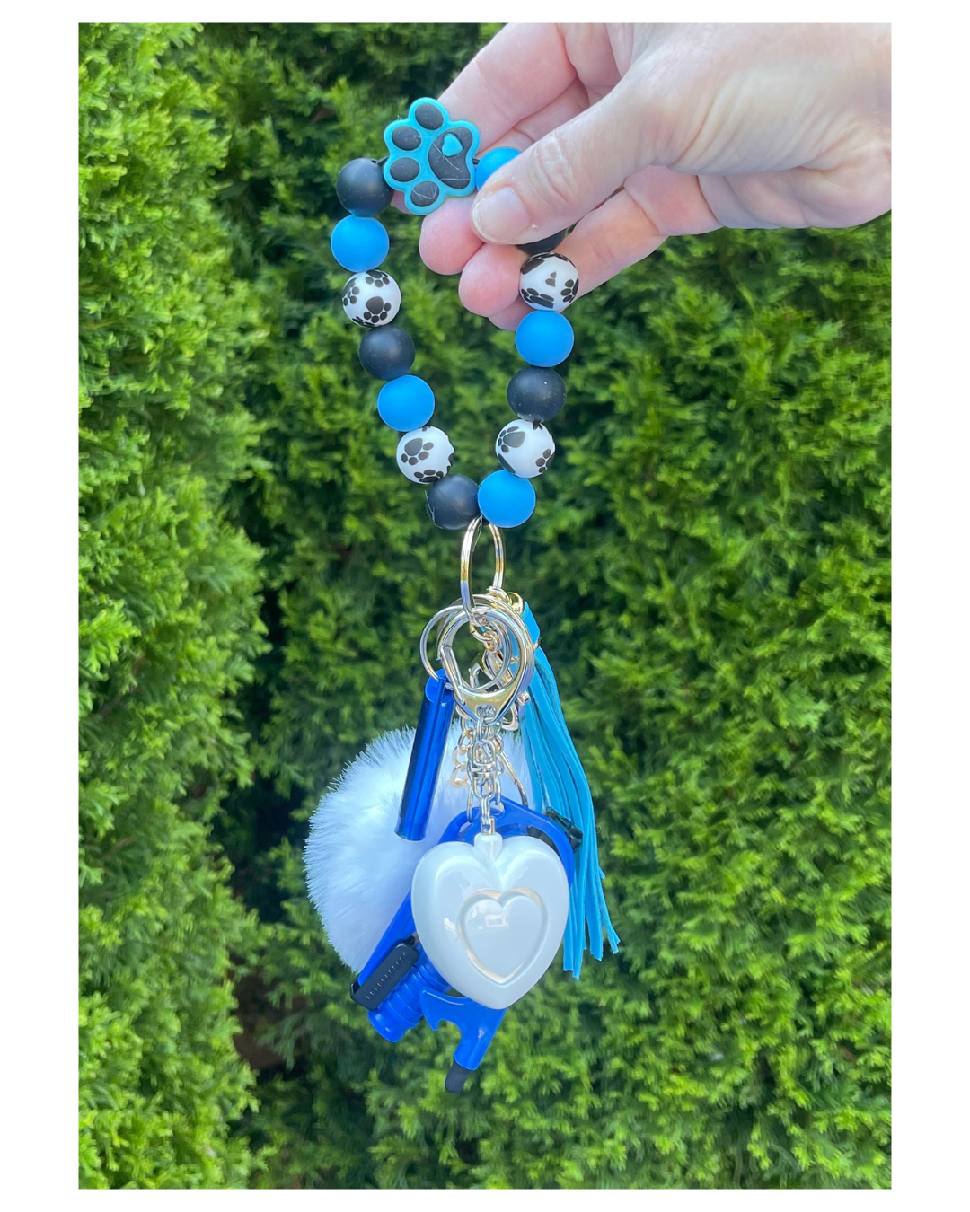Blue Paw Print Beaded Wristlet Safety Keychain
