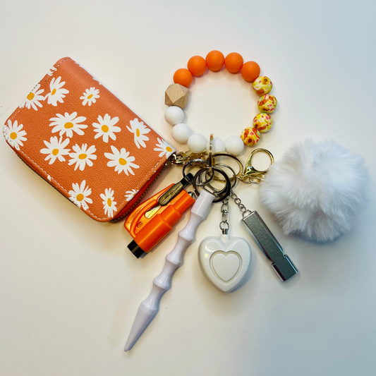 Orange and White Daisy Wristlet with Card Wallet Safety Keychain