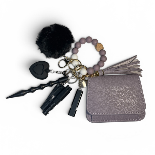 Lavender Charm Beaded Wristlet with Card Wallet Safety Keychain