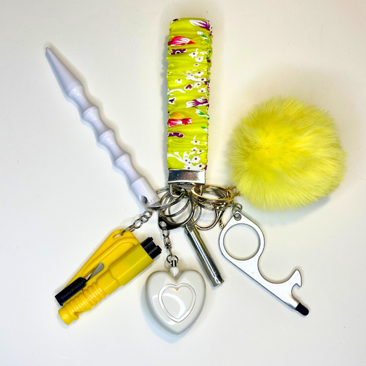 Yellow Floral Scrunchie Wristlet Safety Keychain