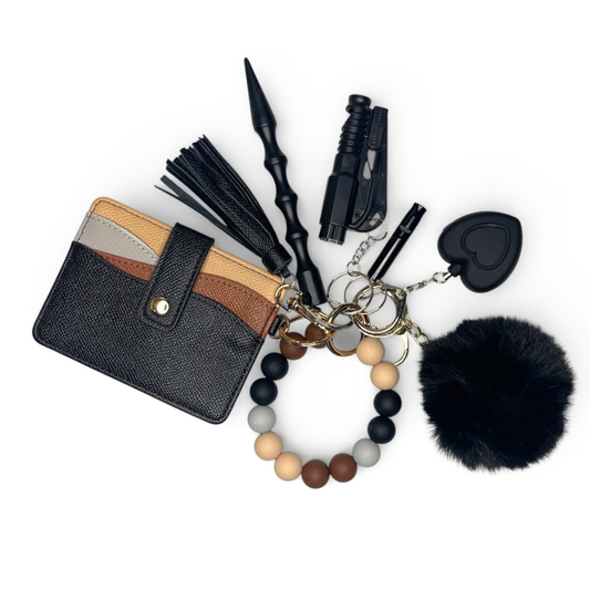 Soft Neutral Beaded Wristlet with Card Wallet Safety Keychain