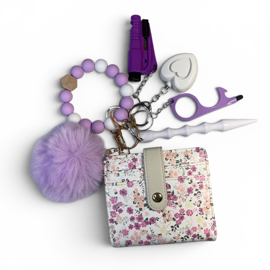 Purple Bloom Beaded Wristlet with Card Wallet Safety Keychain