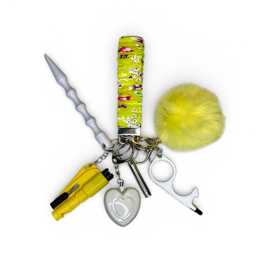 Yellow Floral Scrunchie Wristlet Safety Keychain