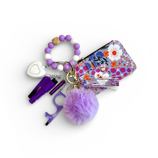 Violet Bloom Beaded Wristlet with Card Wallet Safety Keychain