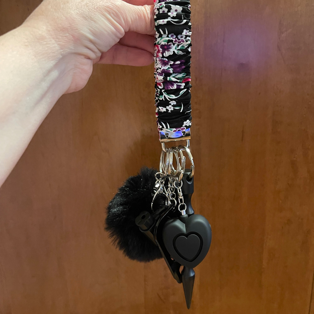 Black Floral Scrunchie Wristlet Safety Keychain