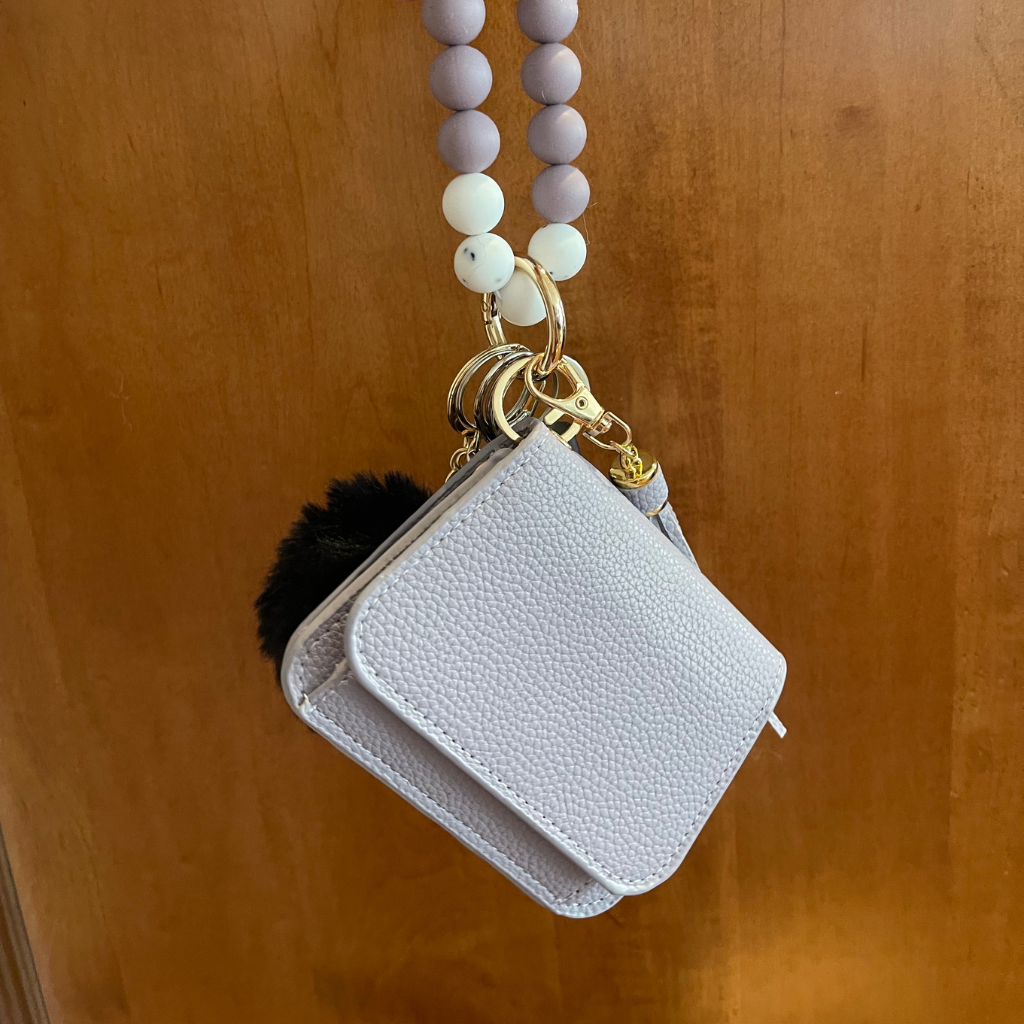 Lavender Charm Beaded Wristlet with Card Wallet Safety Keychain