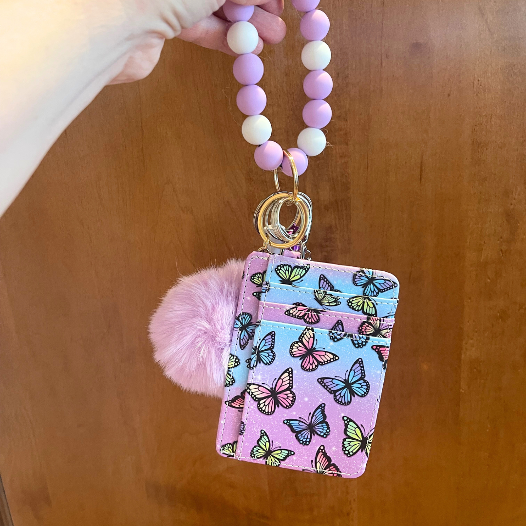 Butterfly Beaded Wristlet with Card Wallet Safety Keychain
