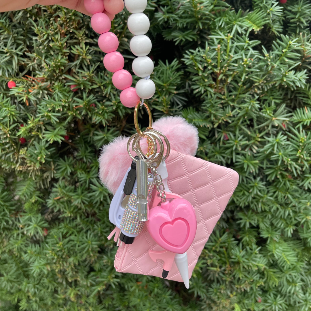 Pretty in Pink Beaded Wristlet with Coin Wallet Safety Keychain