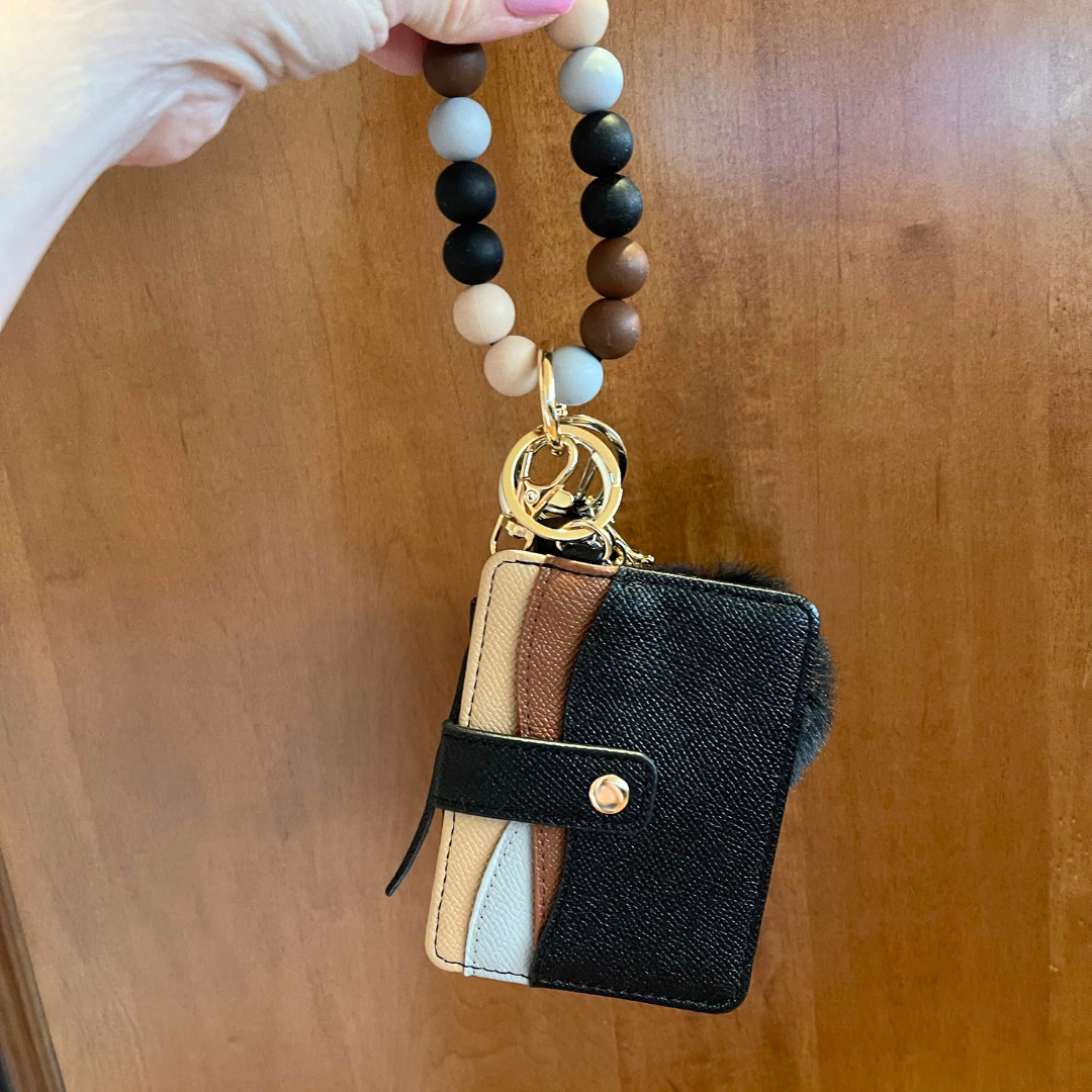 Soft Neutral Beaded Wristlet with Card Wallet Safety Keychain