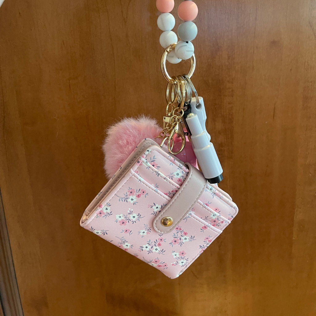 Pink Meadow Beaded Wristlet with Card Wallet Safety Keychain