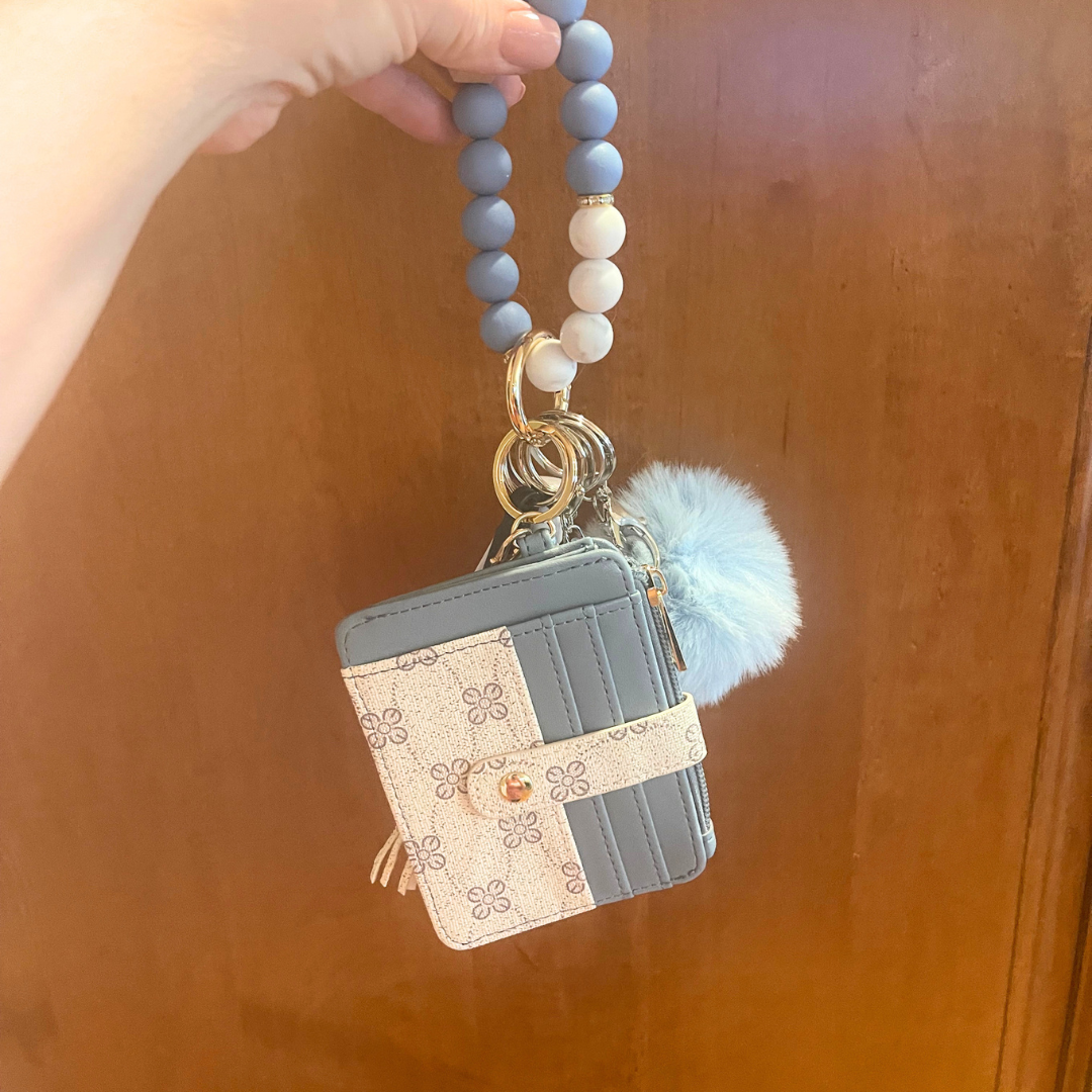 Soft Blue Floral Beaded Wristlet with Card Wallet Safety Keychain