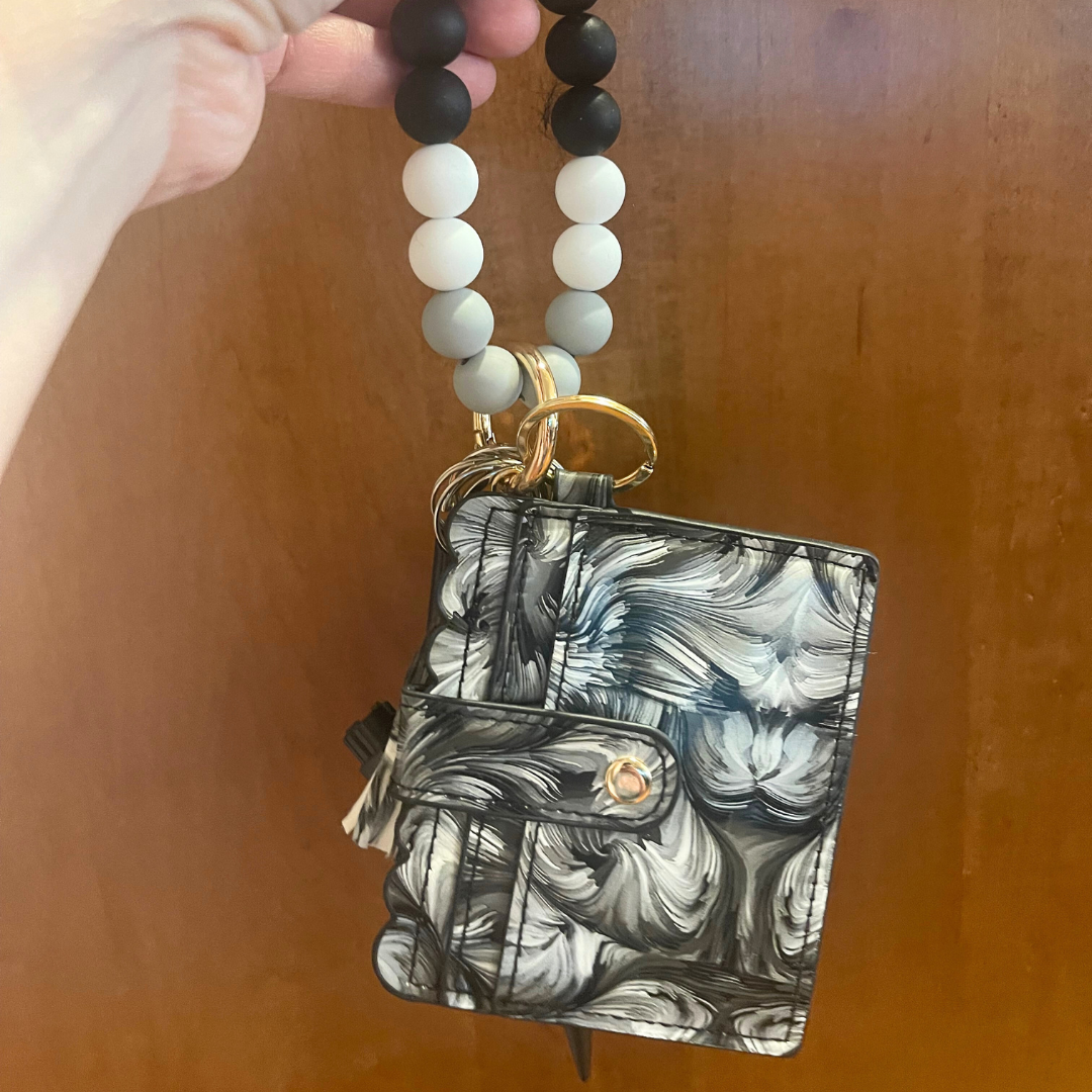 Black & White Marble Beaded Wristlet with Card Wallet Safety Keychain