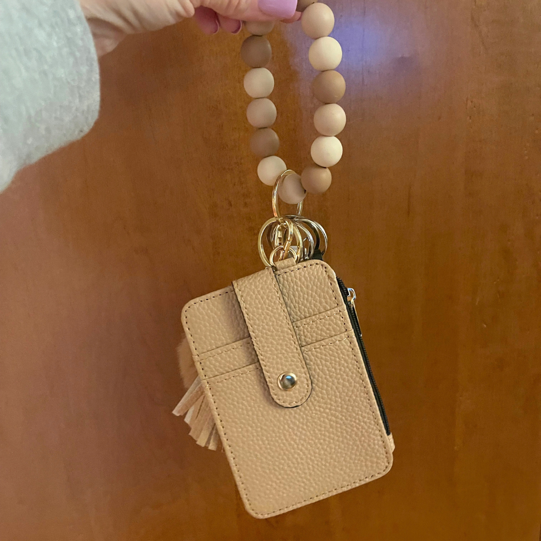 Khaki Beaded Wristlet with Card Wallet Safety Keychain