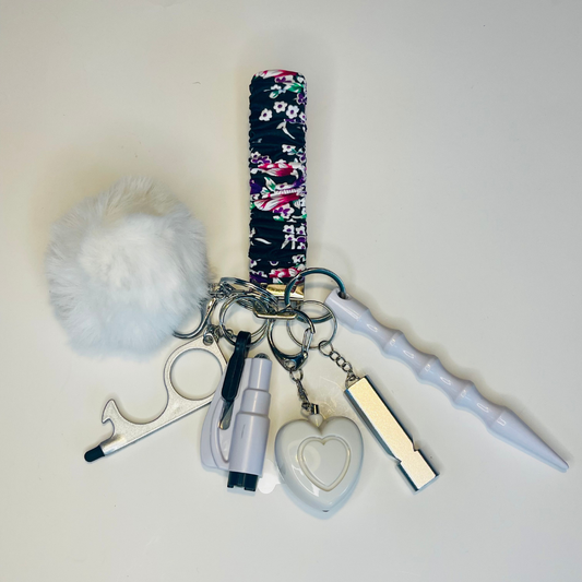 Black Floral Scrunchie Wristlet Safety Keychain