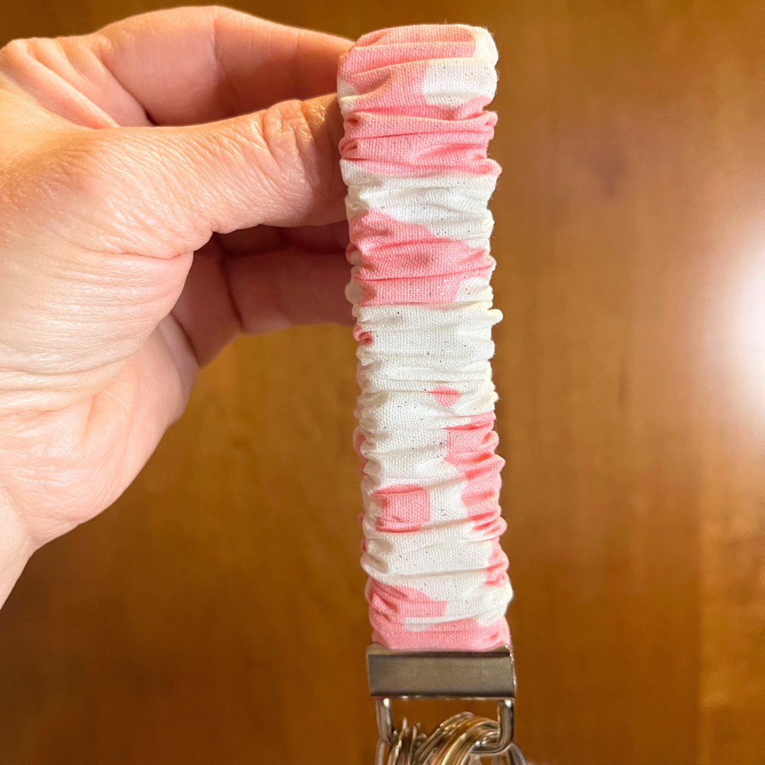 Pink and White Cow Print Scrunchie Wristlet Safety Keychain