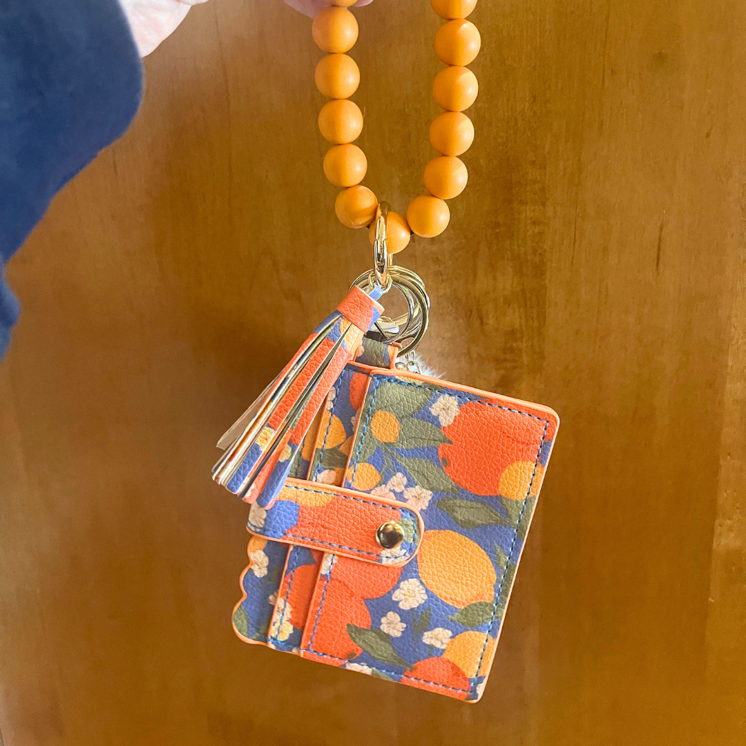Orange Fruit Beaded Wristlet with Card Wallet Safety Keychain