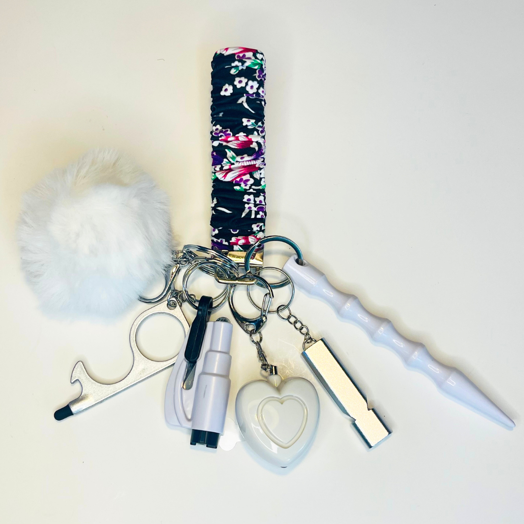 Black Floral Scrunchie Wristlet Safety Keychain