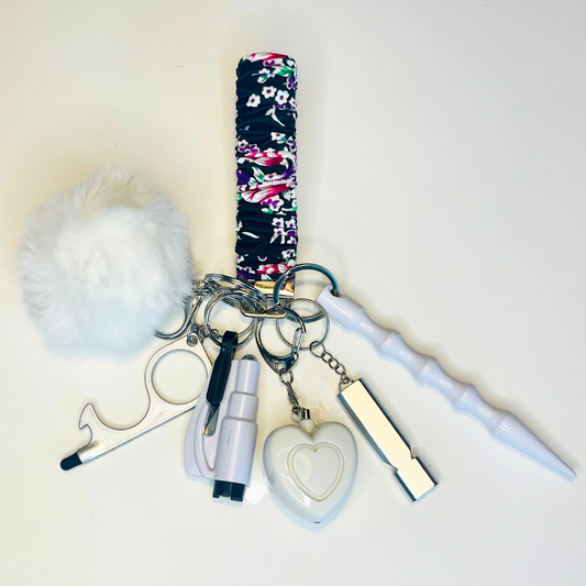 Black Floral Scrunchie Wristlet Safety Keychain