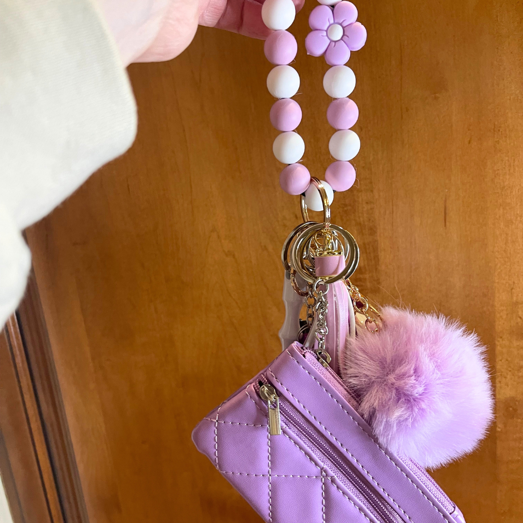 Lavender Flower Beaded Wristlet with Coin Wallet Safety Keychain