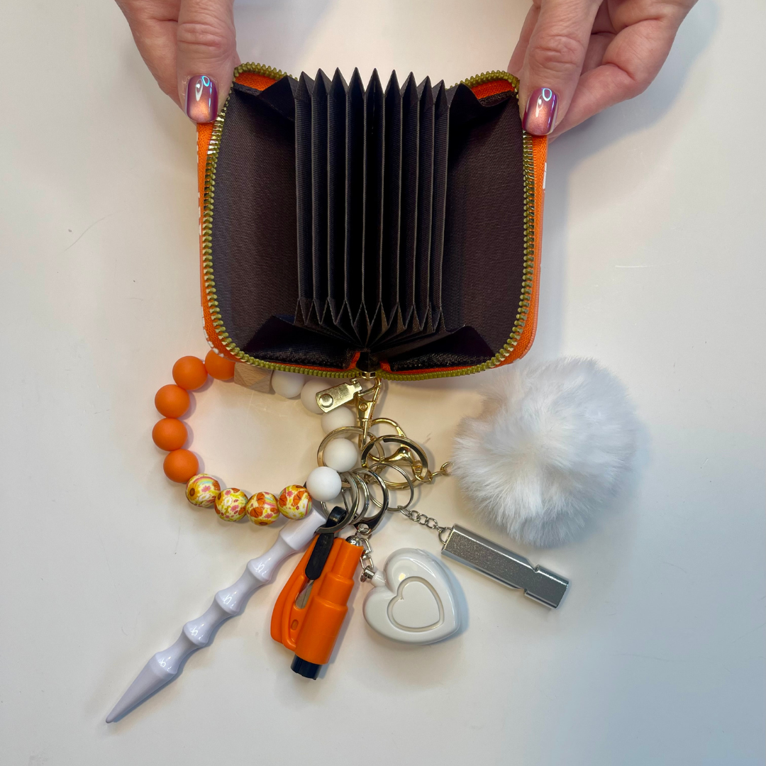 Orange and White Daisy Wristlet with Card Wallet Safety Keychain