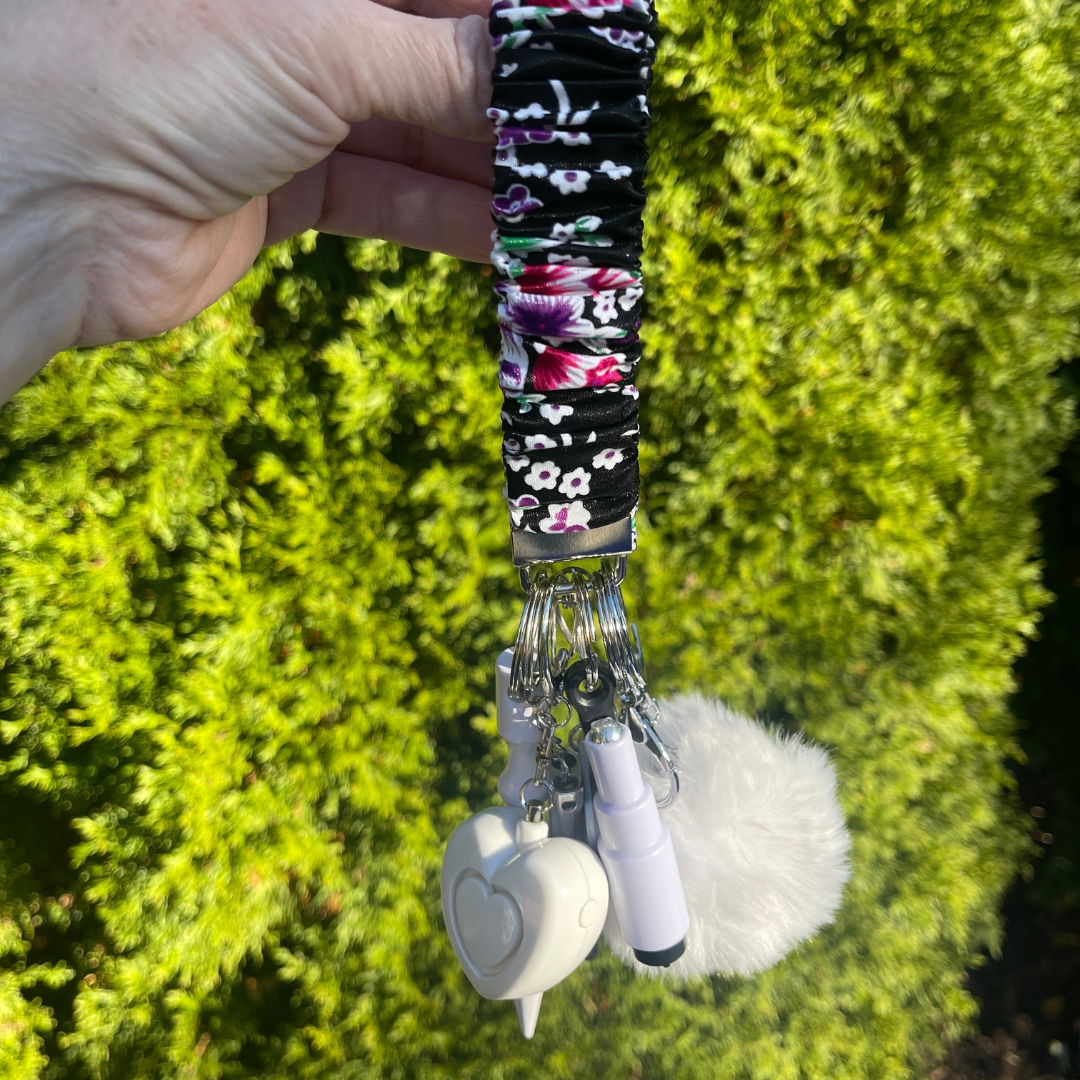 Black Floral Scrunchie Wristlet Safety Keychain