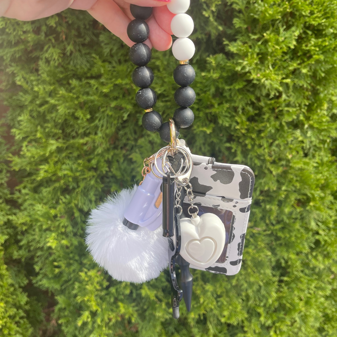 Cow Print Beaded Wristlet with Card Wallet Safety Keychain
