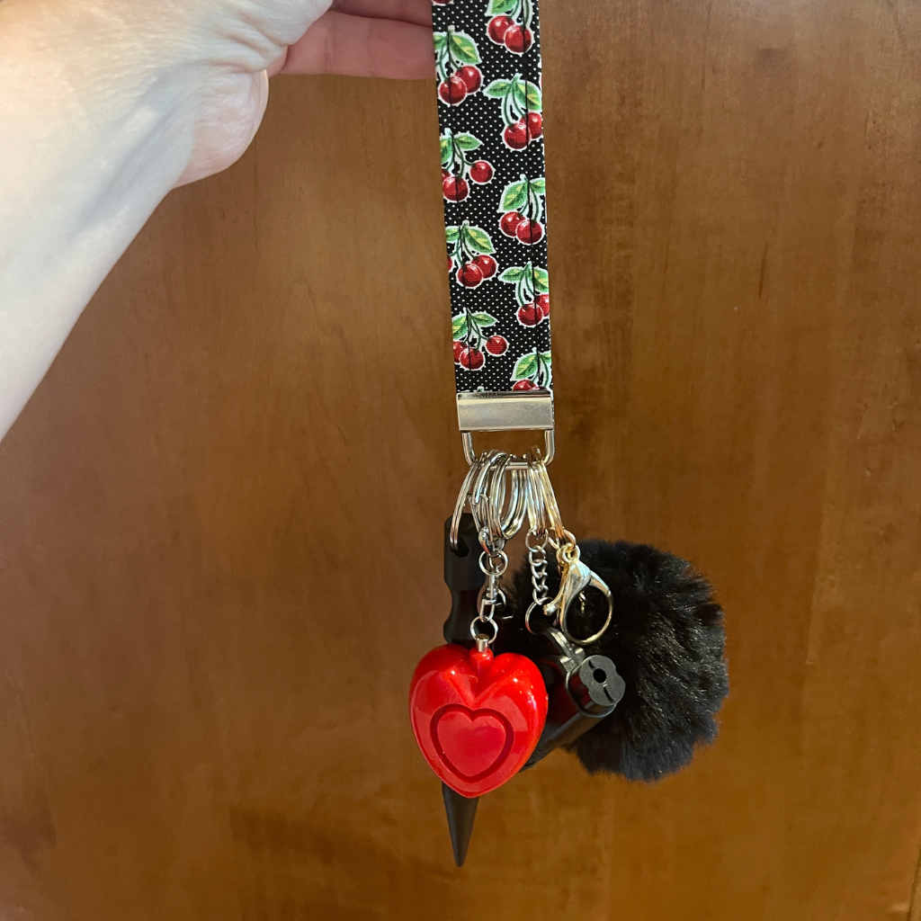 Black Cherry Bloom Wristlet Strap Safety Keychain