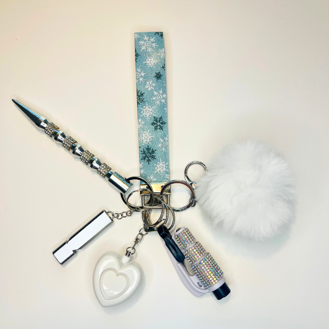 Sparkly Ice Blue Snowflake Wristlet Safety Keychain