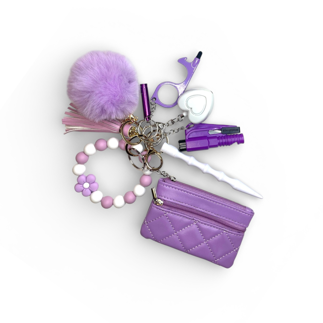 Lavender Flower Beaded Wristlet with Coin Wallet Safety Keychain