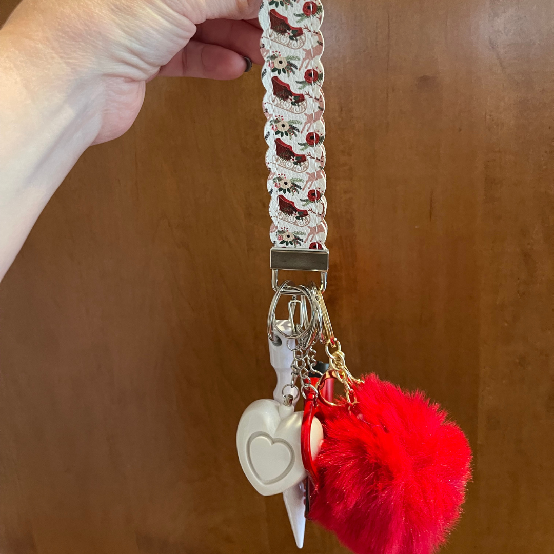 Vintage Christmas Sleigh Faux Leather Wristlet Safety Keychain