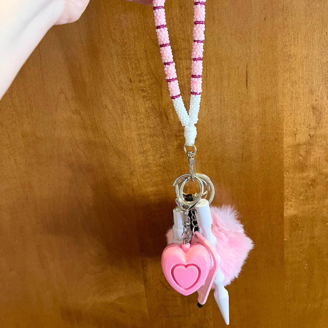 Pink & White Beaded Wristlet Safety Keychain