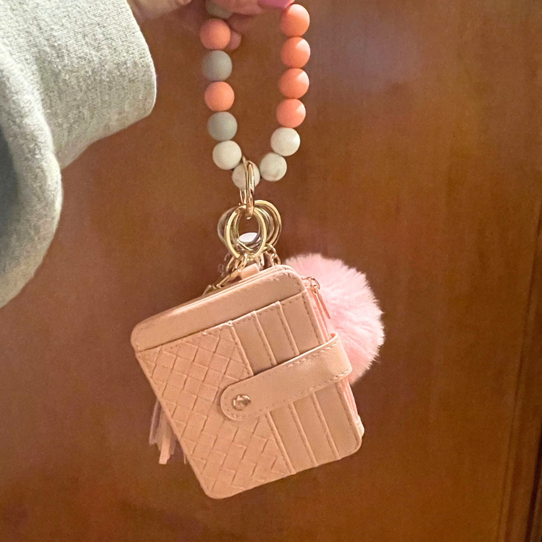 Pink Beaded Wristlet with Card Wallet Safety Keychain