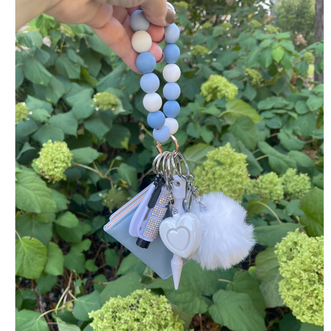 Light Blue Butterfly Beaded Wristlet with Card Wallet Safety Keychain