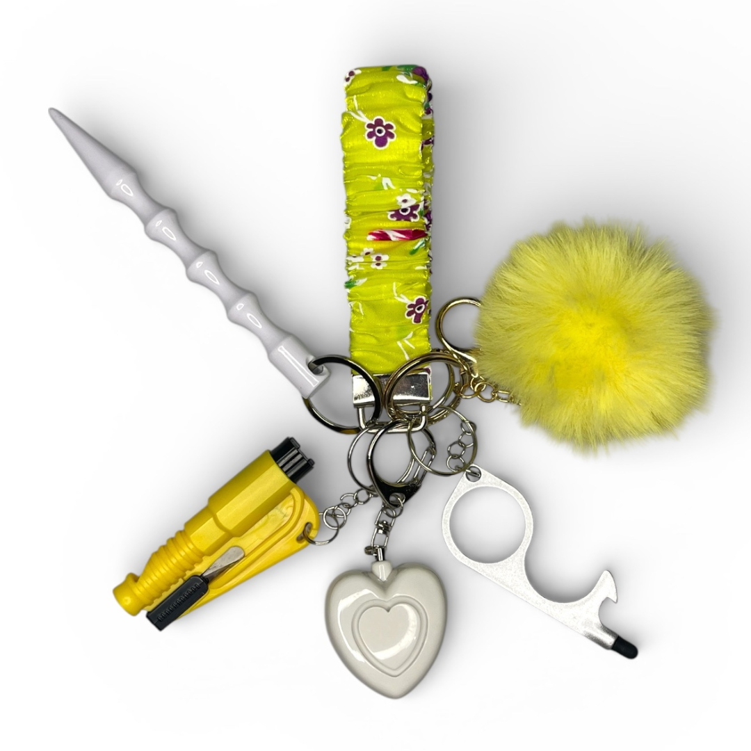 Yellow Floral Scrunchie Wristlet Safety Keychain