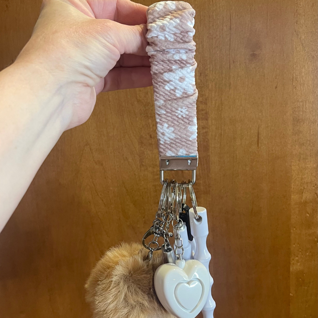 Tan Floral Scrunchie Wristlet Safety Keychain