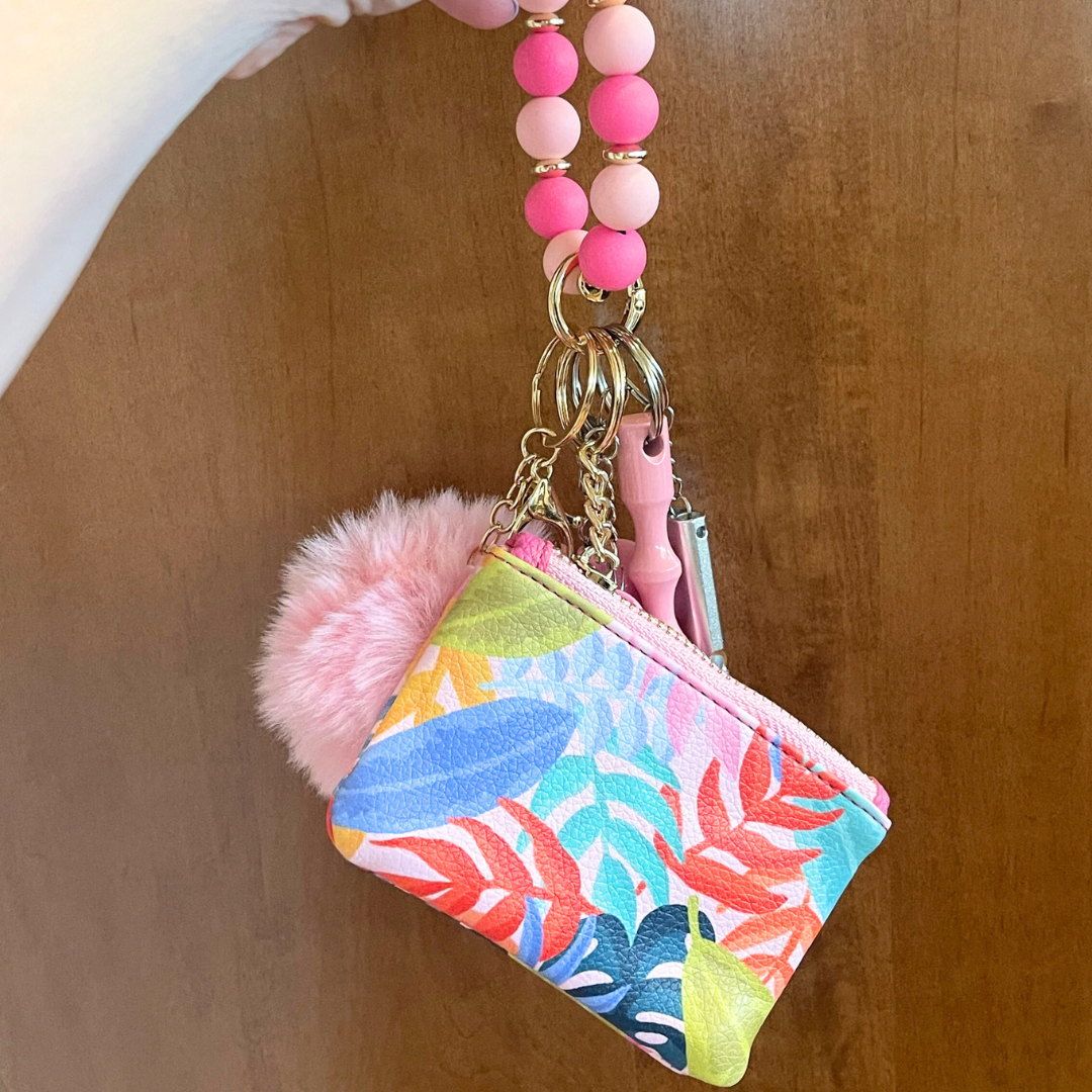 Pink Paradise Beaded Wristlet with Coin Wallet Safety Keychain