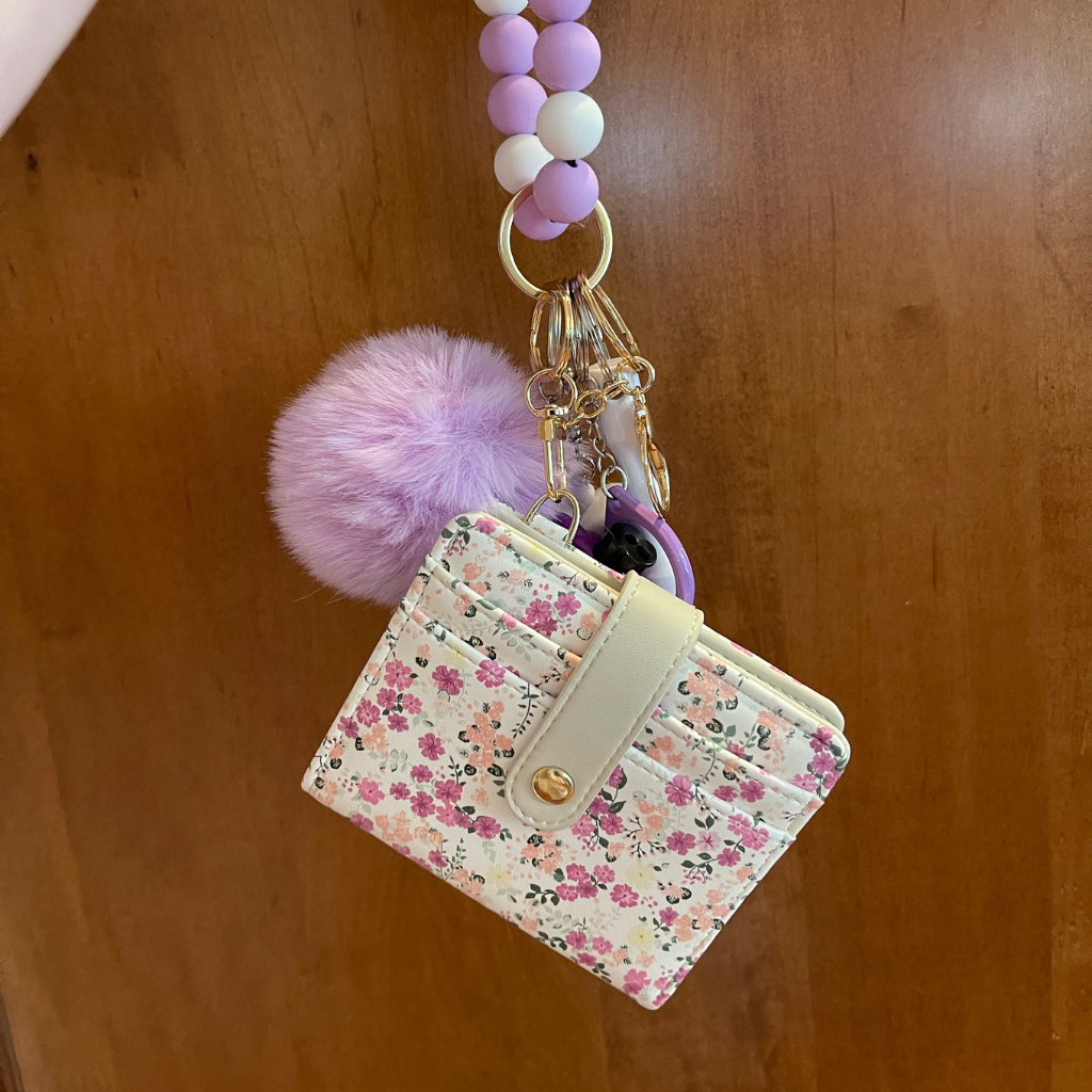 Purple Bloom Beaded Wristlet with Card Wallet Safety Keychain